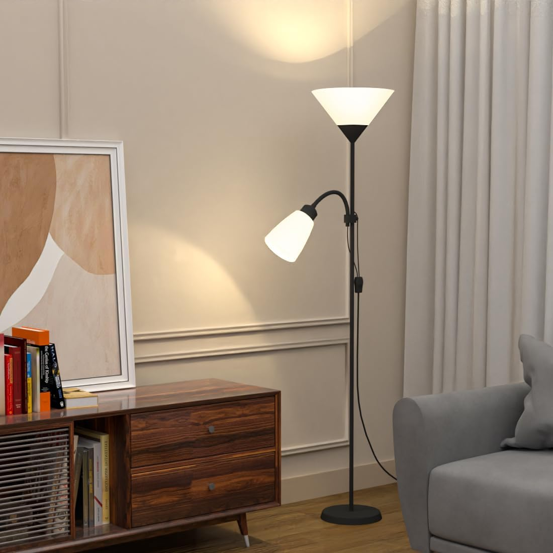 Sumkyle Floor Lamp with Double Lights, Vertical Ground Lamp with Adjustable Reading Light, Standing Light for Living Room, Bedroom, Office (Black)