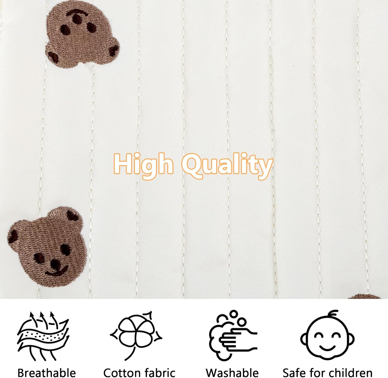 Portable Diaper Bag, Embroidery Bear Baby Changing Bags, Cotton Nappy Bag Organiser, Mum Bag with Pram Hook, for Mum Baby Travel, White, Black, Black image number 2