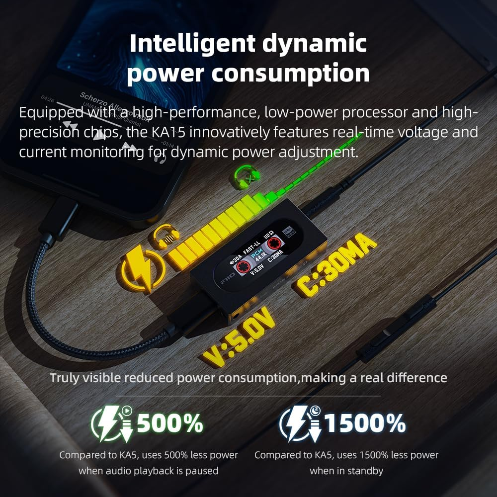 Fiio KA15 Headphone Amplifier Portable DAC with 4.4Mm and 3.5Mm Headphones Outputs Support PCM768K DSD256 for Android/Ios/Mac/Windows (Midnight Black) image number 2