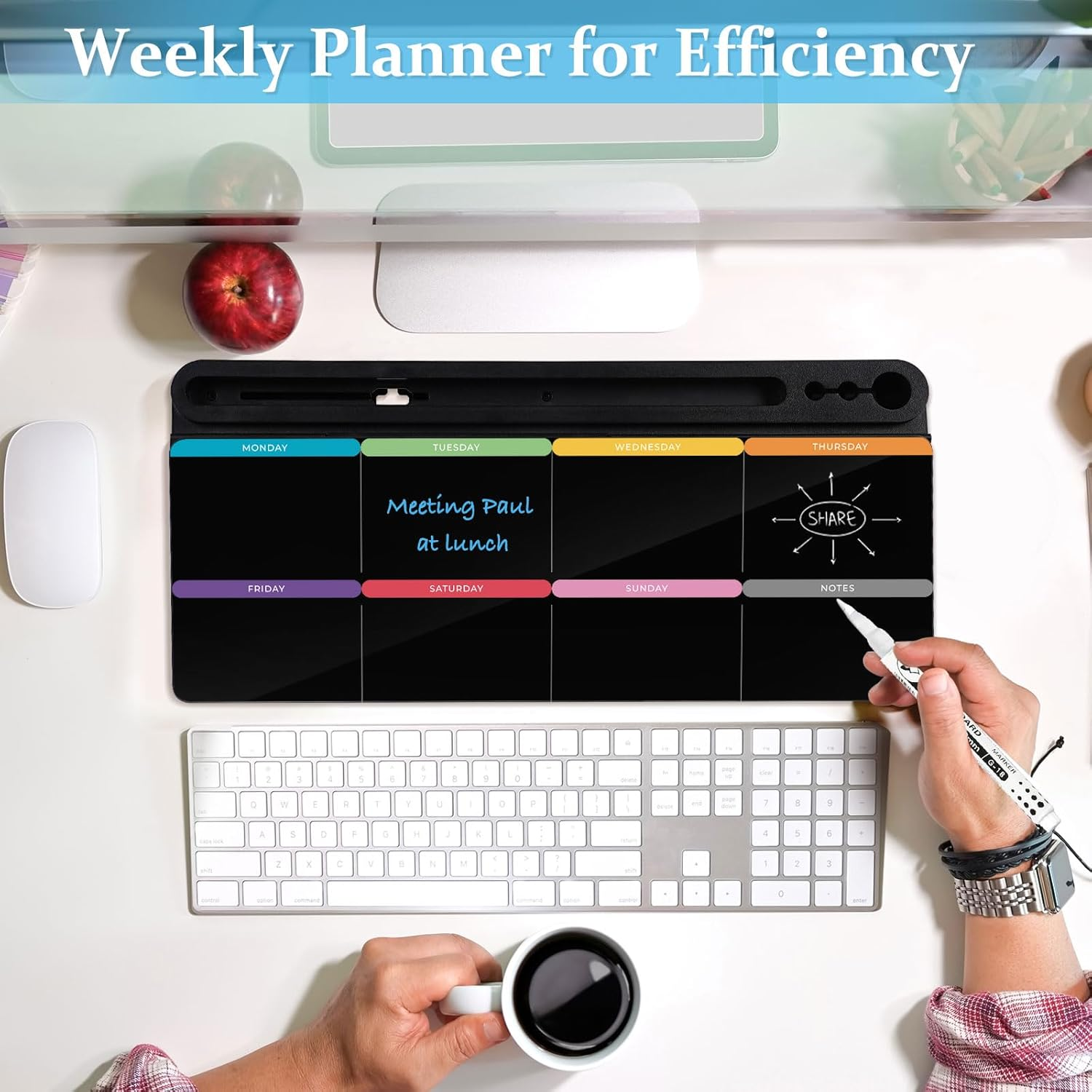 DOLLAR BOSS Glass Desk Whiteboard Calendar Small Dry Erase Board Desktop White Board with Storage Drawer Computer Keyboard Stand Desk Organizer, Colourful Print, Black image number 4