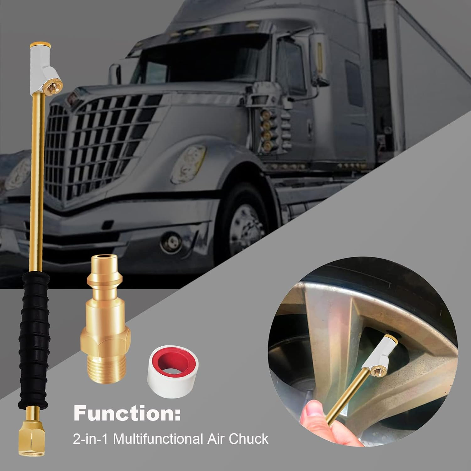 GODESON 1/4" FNPT Extended Reach Dual Head Air Chuck, 2-Way Connection 11.8" Extended Brass Air Chuck with Rubber Handle,Tire Chuck with Quick Plug for Semi, RV, Truck Dually Tires image number 2