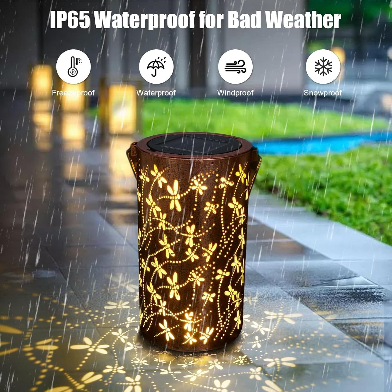 Solar Lanterns Outdoor, ZHJLIXU Hanging Lantern Lights Waterproof, Dragonfly Hollowed-Out Metal Solar Powered LED Garden Light - Delicate Garden Decor for Patio, Yard, Pathway, Landscape