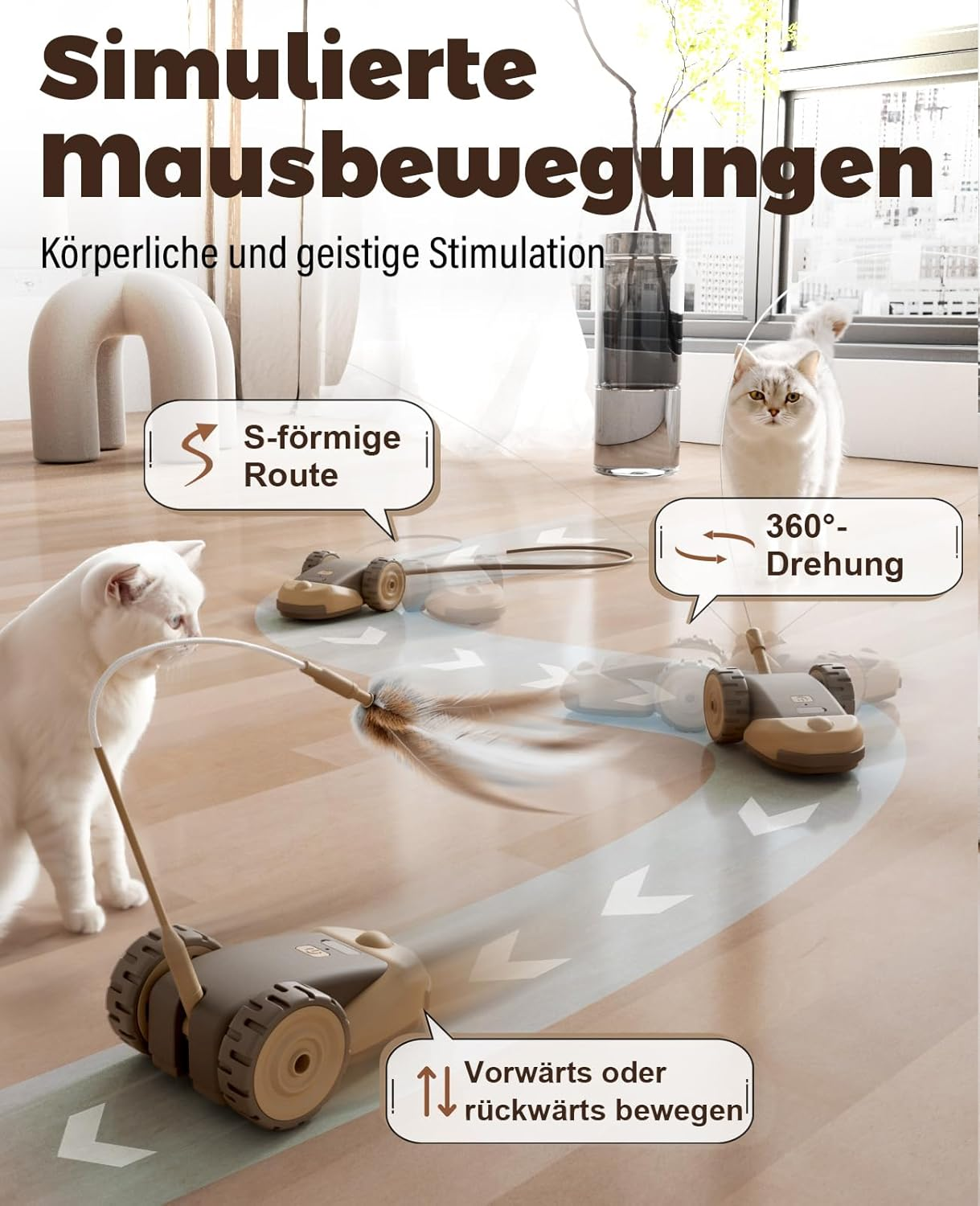 Casfuy 3-In-1 Interactive Cat Toy - 2-Speed Cat Toy Electric Self-Employment with 2 Pieces Hanging Feather Cord Band and Wiggly Silicone Mice Tail for Indoor Cats image number 1