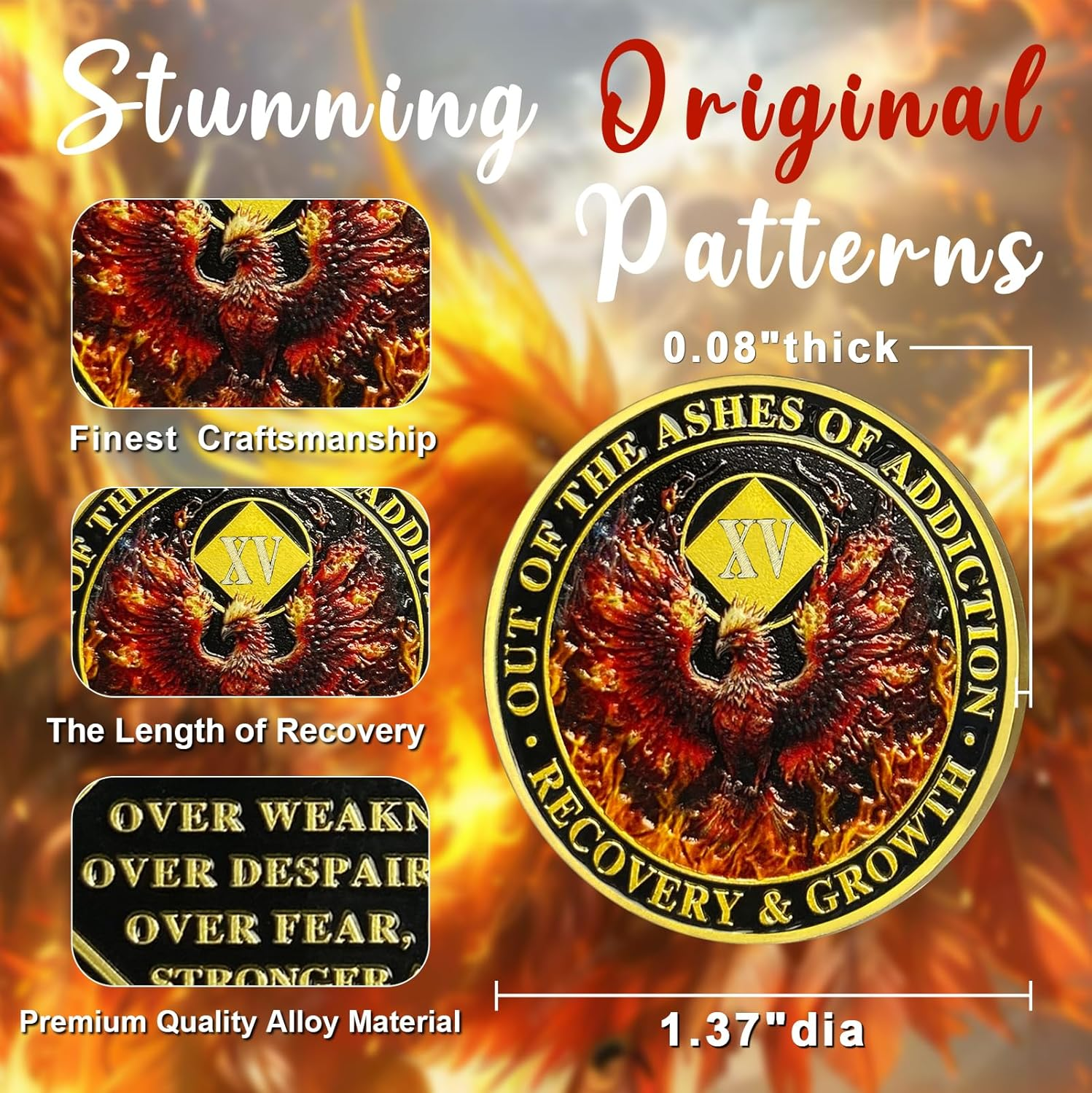 CHURYUML 15 Year NA Medallions Phoenix Recovery Chip Out of the Ashes of Addiction NA Sobriety Coin Narcotics Anonymous Gifts Sobriety Addiction Recovery Gifts Narcotics Anonymous Coin image number 2