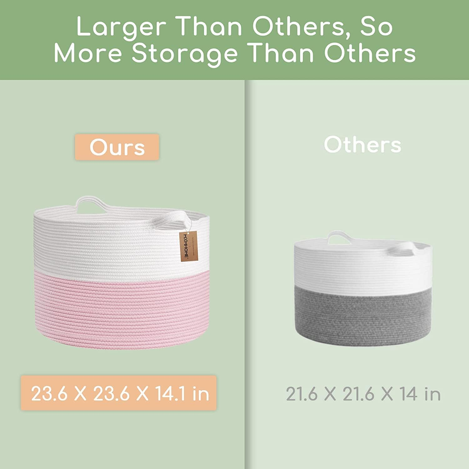 Xxxlarge Cotton Rope Basket 23.6" X 23.6" X 14.1" Woven Baby Laundry Blanket Basket Toy Baskets with Handle Storage Comforter Cushions Thread Laundry Hamper Home Decor Living Room（Pink） - Pink image number 6