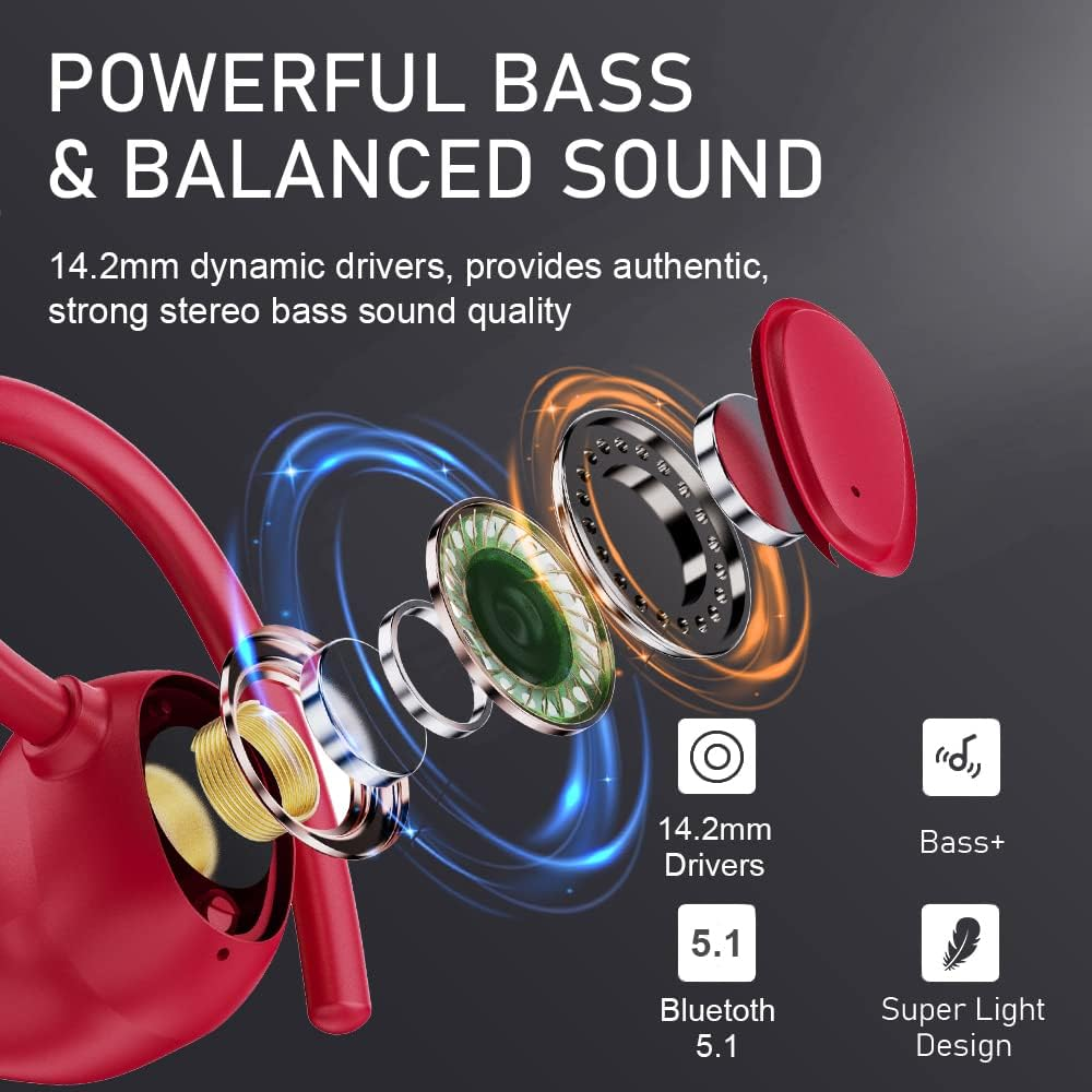 Bluetooth 5.1 Headphones Sports, Wireless In-Ear Wireless Sports Headphones IP7 Waterproof Wireless Earbuds with Microphone, 48H Deep Bass Noise Cancelling Earphones, USB-C, LED Display - Red image number 1
