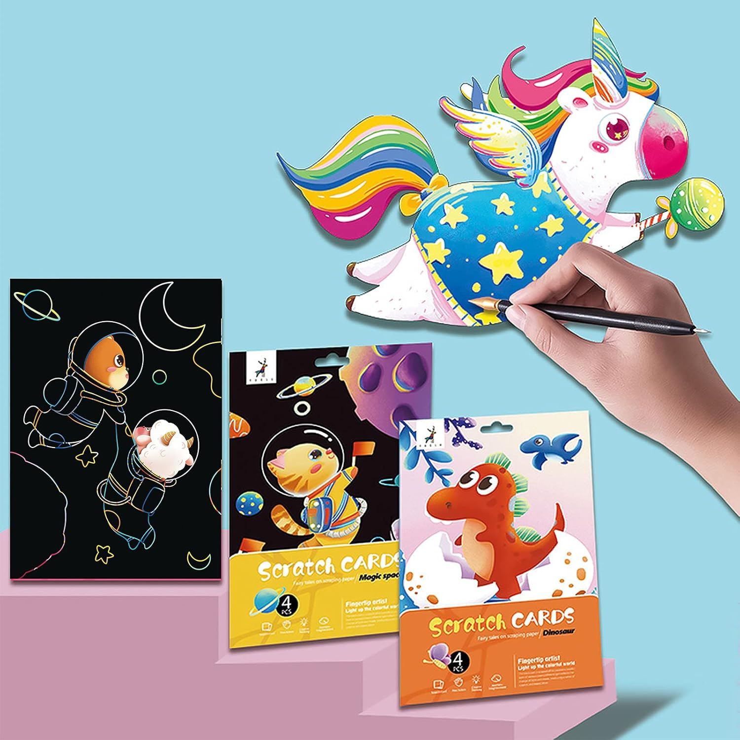 Scratch Art Rainbow Painting Scratch off Doodle Paper, Womens Hobbies Engraving Art Craft Set, Creative Gifts for Girls Boys Students Drawing Older Kids Scratch Art Pads 8 Sheets (Dinosaur & Space) - Dinosaur  Space image number 2