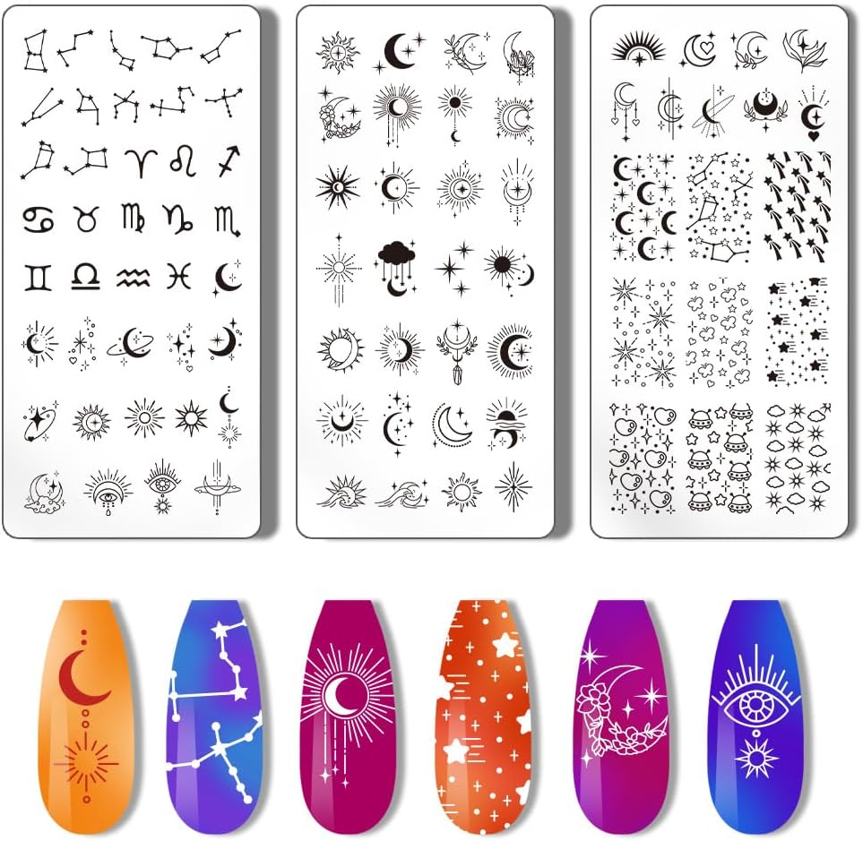 PH Pandahall Pack of 3 Moon Star Nail Stencil Stamp 12 Constellations Nail Stamp Plate Night Sky Nail Art Stencils Print Nail Stencils Nail Picture Plates for Nail Printing Manicure Salon