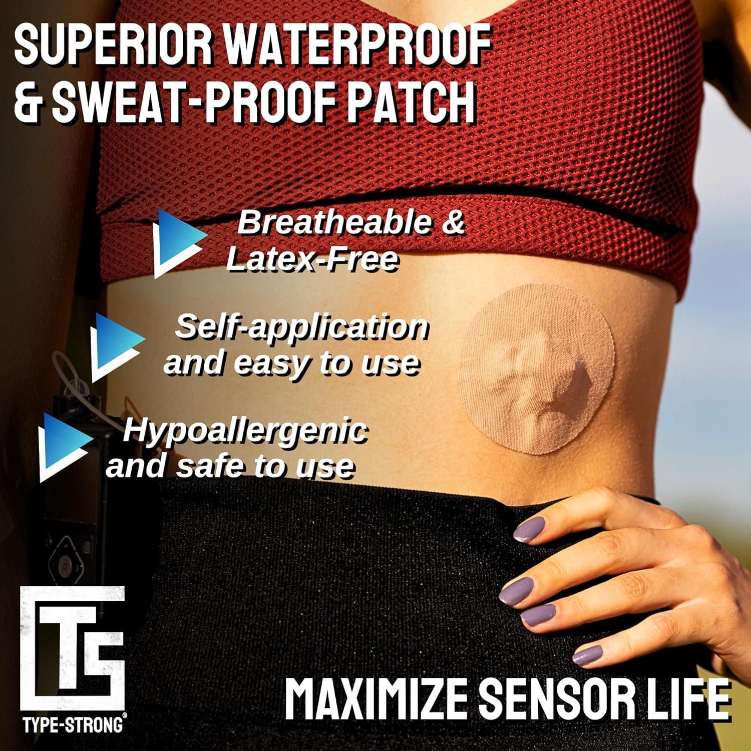 Type Strong Adhesive Patches for Freestyle Libre 2, Libre 3, Dexcom G7, Medtronic Guardian. Pre-Cut for Sensitive Skin, Waterproof, & Sweat-Resistant. 10-14 Days of Sensor Protection. 20 Pack, Tan. image number 2