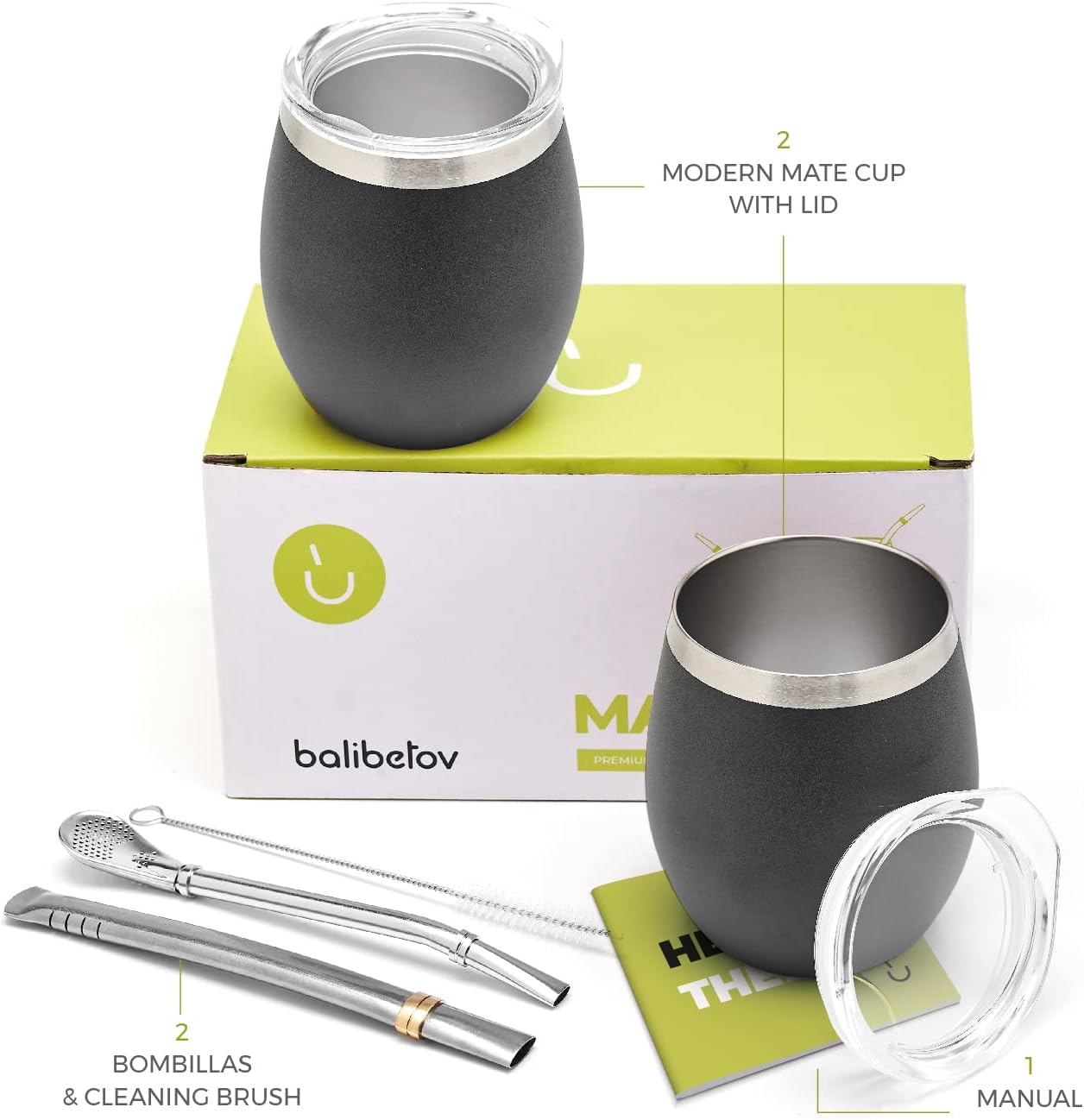 BALIBETOV Modern Mate Cup and Bombilla Set (Yerba Mate Cup) -Yerba Mate Set Includes Double Walled 18/8 Stainless Steel Mate Tea Cup, Two Bombilla Mate (Straw) and a Cleaning Brush (Shiny Black, 8 Oz)