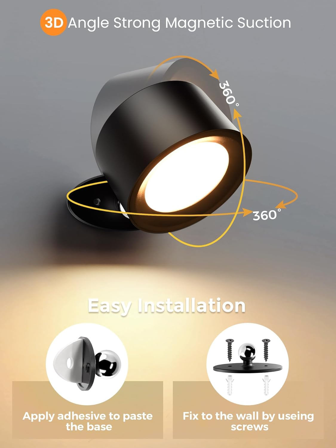 LED Wall Sconces Battery Operated 360&deg; Rotation Decor Wall Mounted Cordless Lights, 3 Color Temperatures & Dimmable, Wireless Magnetic Picture Lights Bedside Wall Lamps Bedroom, Livingroom-Black - Wood image number 4