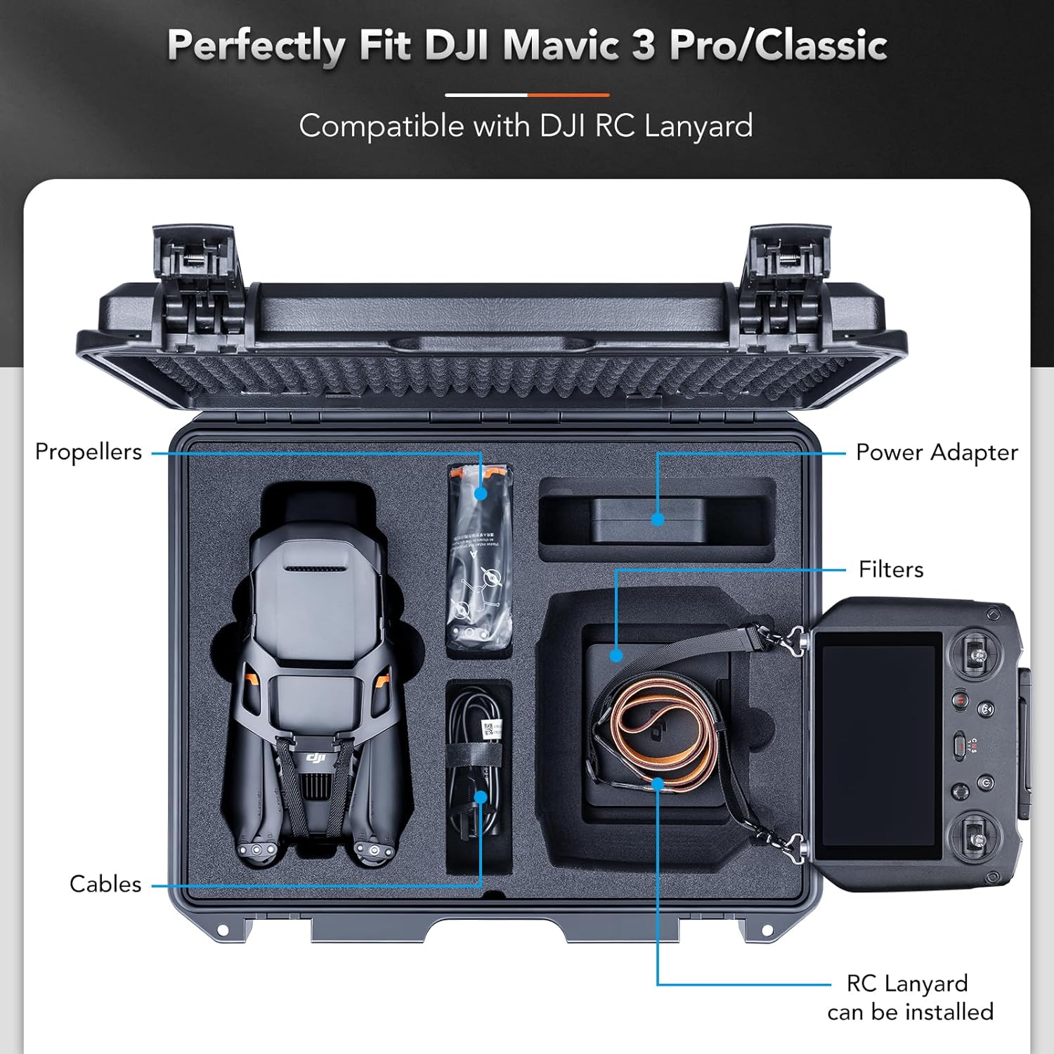 Lykus Titan M340 Waterproof Hard Case for DJI Mavic 3 Pro/Classic and RC Pro/Dji RC, Support RC Lanyard [CASE ONLY]