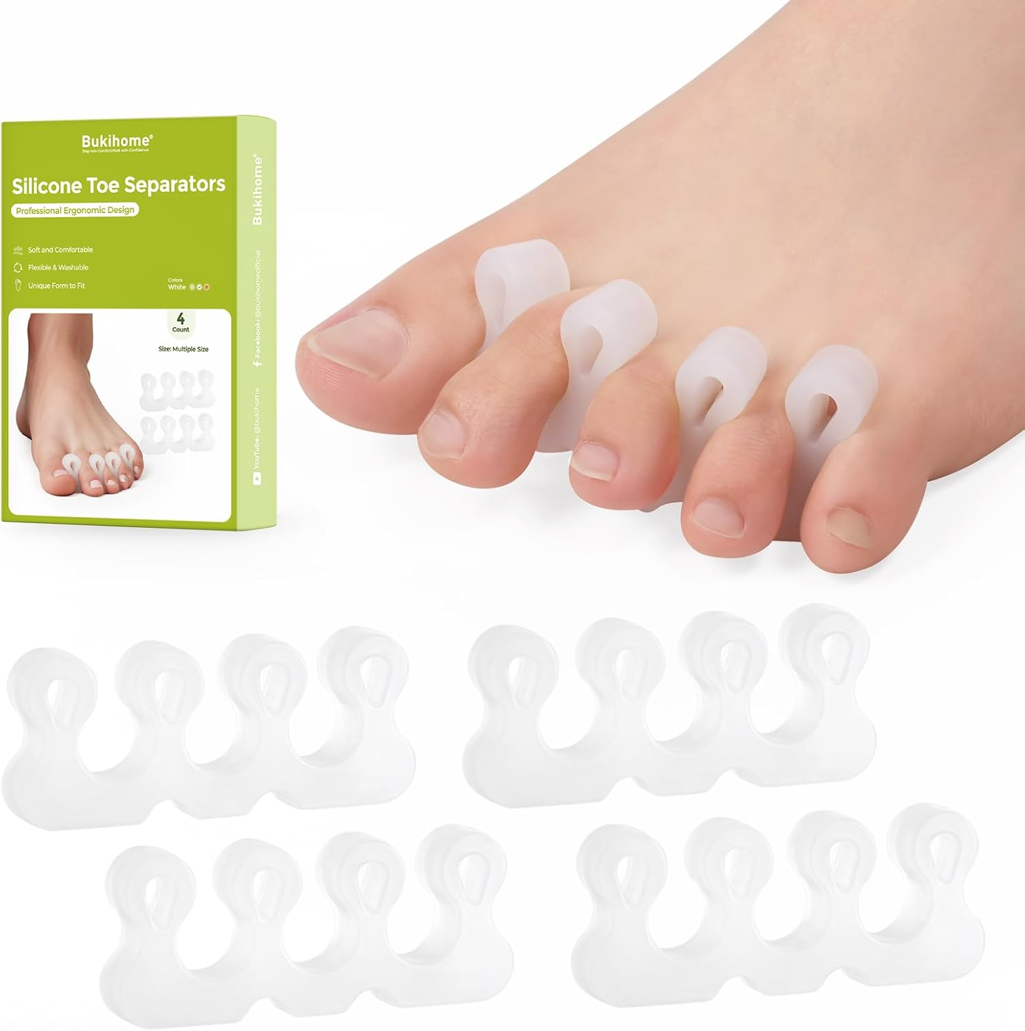 Bukihome Upgraded Gel Toe Separator - Pedicure Toe Spacers for Separating Toenails or Nails - Toe Spreader for Straightening Overlapping Toes, Bunions - Toe Stretcher for Men & Women (White, 4 Pack) image number 2