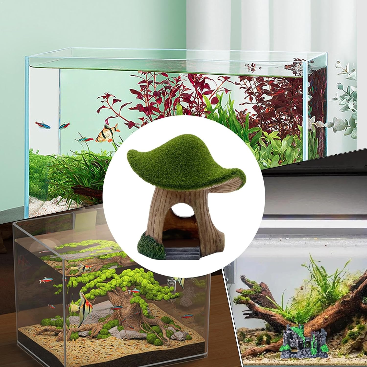 Hjatirace Fish Tank House | Mushroom Green Moss Aquarium House Cave - Fish Shelter Landscape Cave Decor for Live Fish, Pet Shrimp, Reptiles