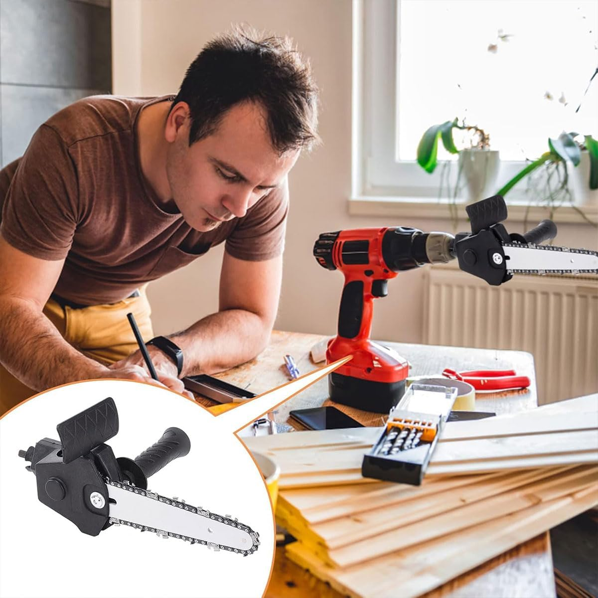 AIMALL 4/6 Inch Electric Drill to Chain Saw Converter, Handheld Mini Logging Saw Conversion Head, Adjustable Handle, for Garden & Household Use image number 5