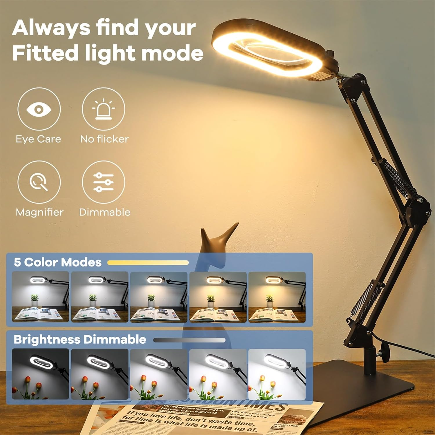 10X Rectangle Magnifying Glass with Light and Stand, Real Glass Lighted Magnifier Hands Free, Mechanical Knob 5 Color Modes Stepless Dimmable, 2-In-1 LED Desk Lamp with Clamp for Reading Hobby image number 4