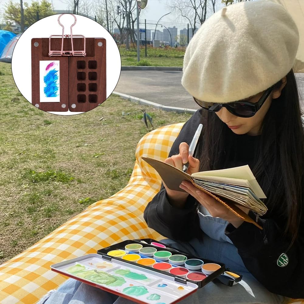 8 Grid Mini Portable Watercolor Palette with Clip, Wooden Mini Paint Palette Artist Palette Sketchbook Palette 2.4Inches image number 5
