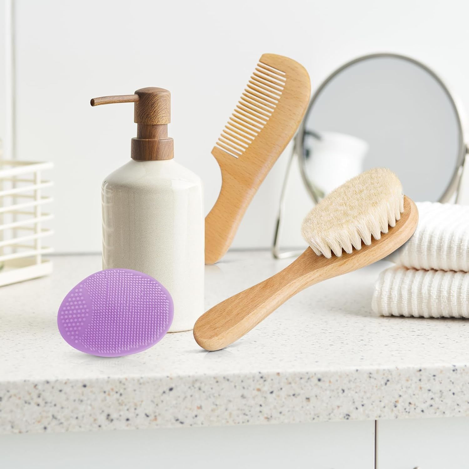 Baby Hair Brush with Wooden Handle and Comb Set for Newborns & Toddlers | Natural Soft Goat Bristles L Wood Comb L Purple Silicone Brush| Ideal for Cradle Cap (3 Piece) image number 4