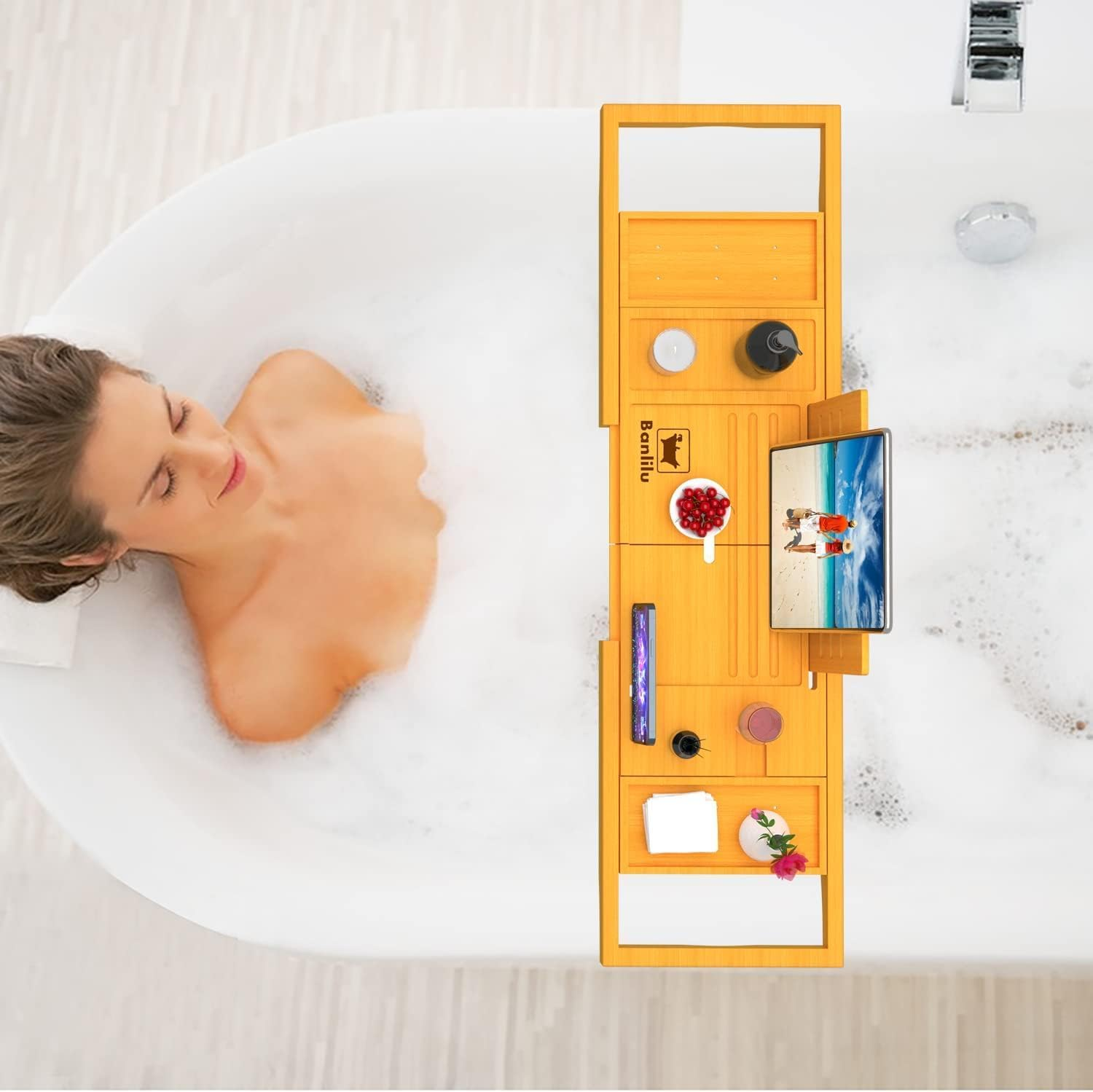 Premium Bathtub Tray Caddy - Bath Tray Bamboo Expandable - Bath Tub Tray Table for Bathtub - Expandable Size, Fits Most Bath Tubs image number 3