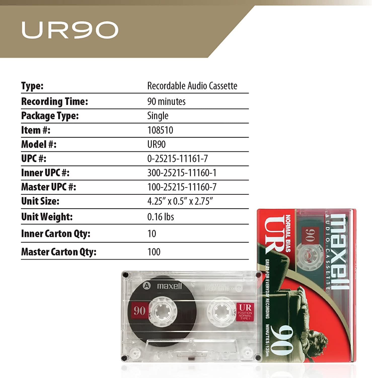 Maxell 108562 UR-90 5PK Normal Bias Audio Cassettes 90 Minute with Cases 5 Pack image number 3
