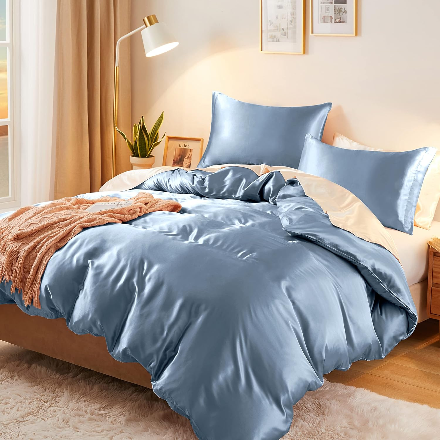 Vonty 3-Piece Silky Satin Duvet Cover Set Full/Queen Size Comforter Cover, Organic Natural 400TC Black Duvet Cover Set - Luxury & Sexy Bedding Duvet Covers with Zipper Closure(No Comforter)