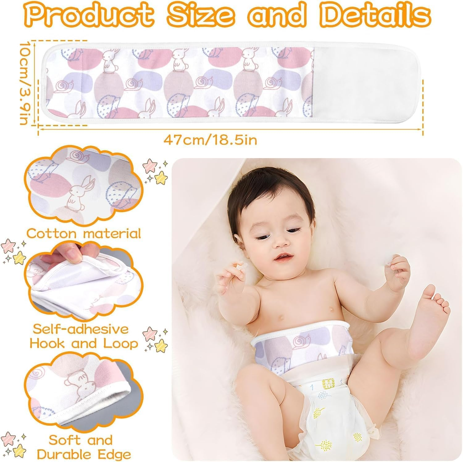 4Pcs Baby Infant Umbilical Cord Belly Bands Cartoon Cotton Soft Baby Belly Belt, Adjustable Newborn Belly Button Wrap, Baby Tummy Wrap for Protection, Baby Gifts for 0 to 12 Months(Hedgehog) image number 5