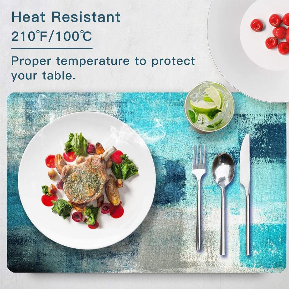 Linen Placemats Set of 4, Washable Modern Style Art Place Mats Set, Heat Resistant Non-Slip Table Mats Linen Teal Placemat for Cafe Dining Table Home Kitchen Decor (Turquoise Grey) image number 1