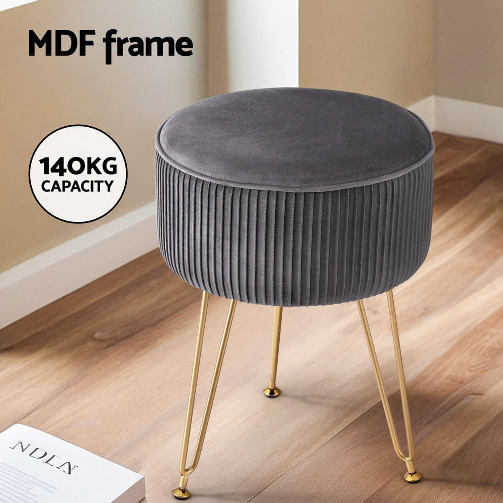 Artiss Ottoman Foot Stool, Velvet Lounge Foot Pouf Make up Vanity Stool, Vertical Stripe Padded Seat Home Decor Bedroom Hallway Office Living Room, round Grey image number 5