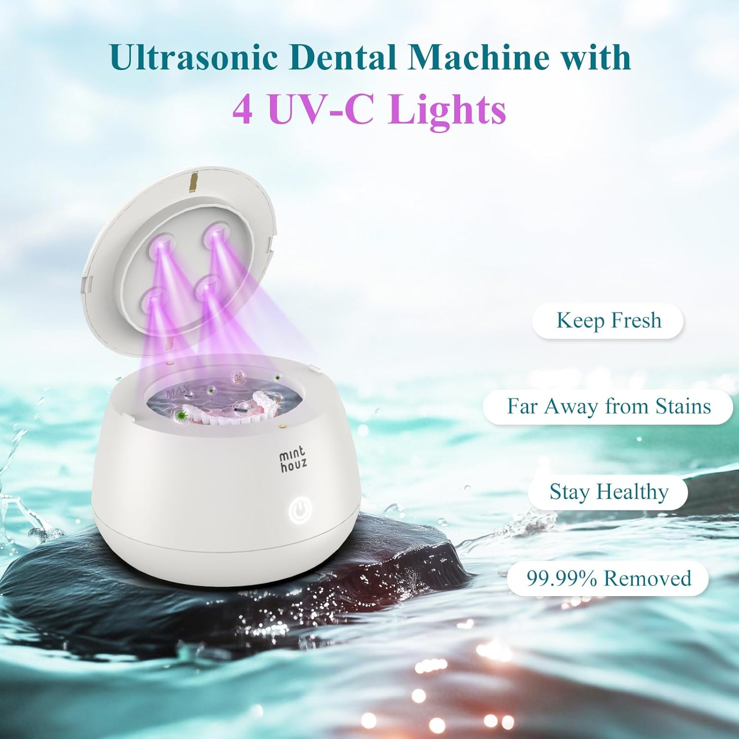 Minthouz UV Ultrasonic Retainer Cleaner, 48Khz Ultrasonic Cleaner, Cleaning Machine for Retainer, Denture, Mouth Guards, Jewelry, Braces, Toothbrush Head with 200Ml Dental Pod image number 2