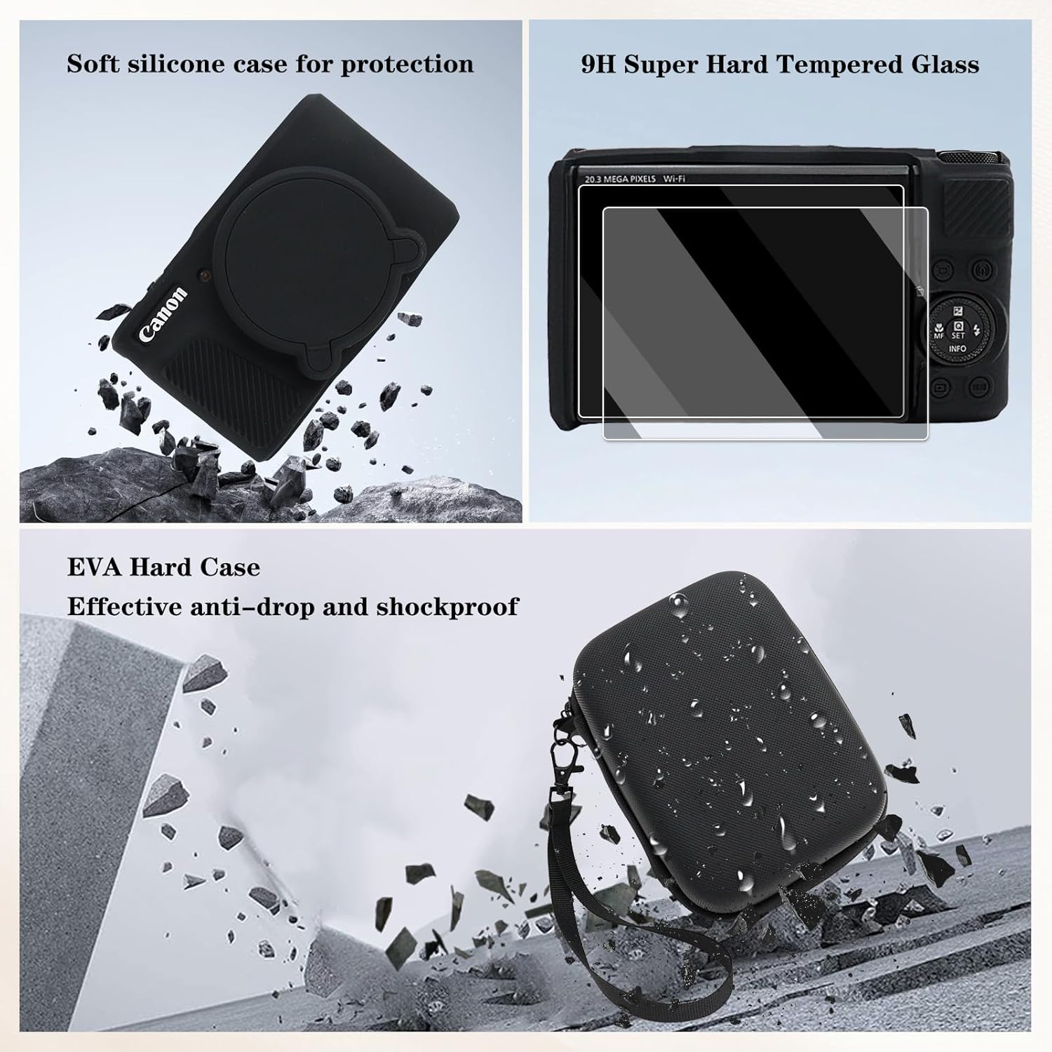 VOVMOEYA Camera Case for Canon Powershot SX730/SX740 HS, Sx730/740 Hs Camera Case Accessories Kit,Eva Hard Carrying Bag + Soft Silicone Protective Cover + 2 LCD Tempered Films-Black - Grey And Pink image number 4