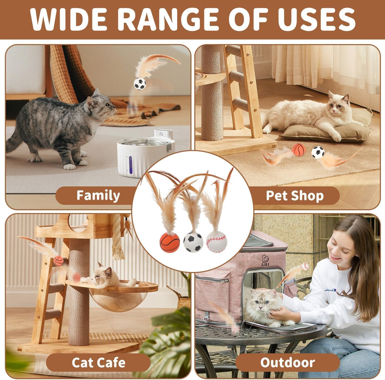 DAMIGHT 3Pcs Cat Bouncy Ball with Feather, Cat Toys Ball Feather Toy for Indoor Cats, Mini Basketball Soccer Toys for Exercise, Bouncy Balls Toys Pet Toys for Cats, Kitten (A) image number 2