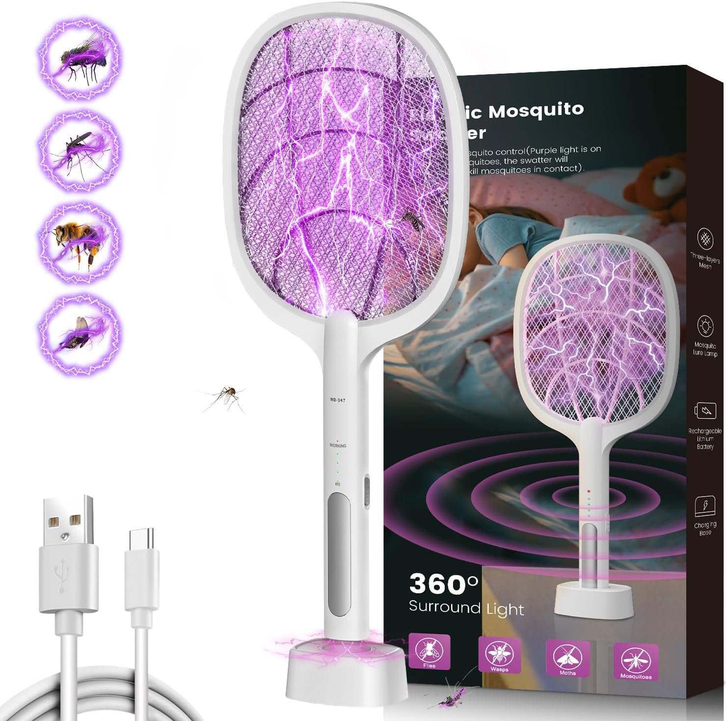 STORMHERO Electric Fly Swatter Zapper, Mosquito Swatter Racket Bug Zapper, USB Rechargeable Mosquito Killer, 3-Mode Wireless Fly Zapper with Trapping Light and Base for Indoor, Outdoor, Camping image number 2