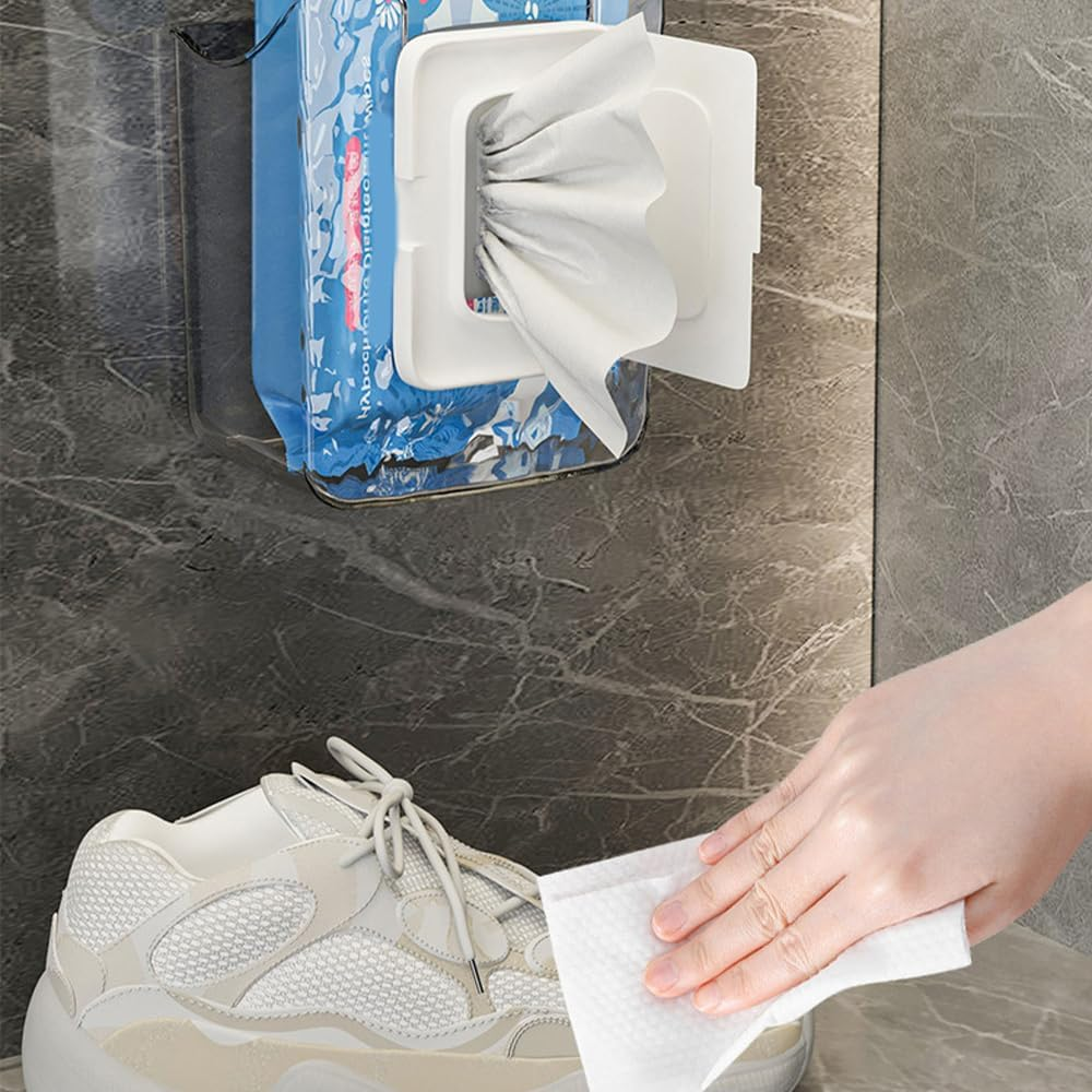 1PCS Kitchen Wipes Storage Box Wall Mount,Wipes Wall Holder,Refillable Wipes Container, Tissue Wipes Wall Holder for Bathroom Kitchen, Toilet Bathroom Wipes Holder (White) - White image number 5