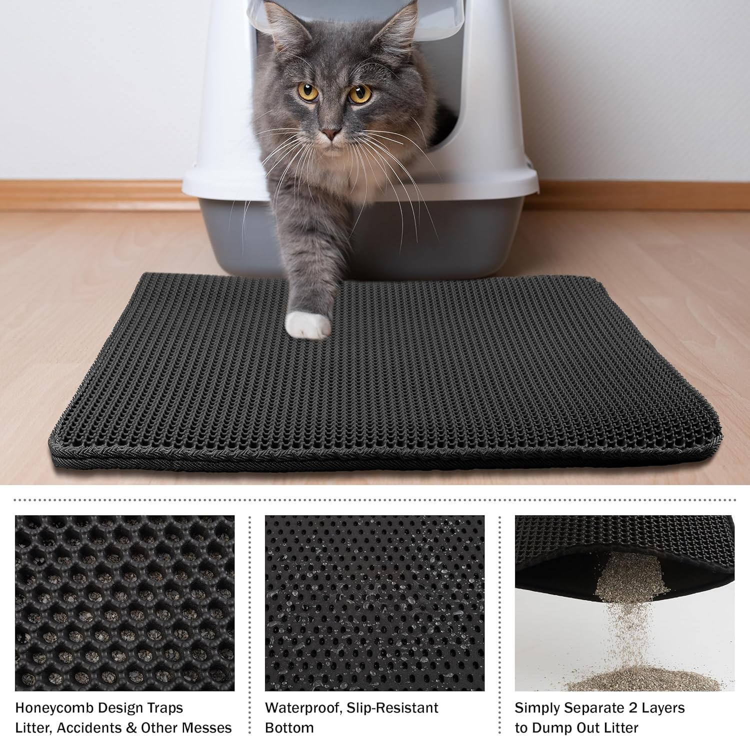 Extra Large Cat Litter Mat, 90 X 60 Cm, Litter Trapping Mat, Honeycomb Double Layer Design, Waterproof Urine Proof Material, Scatter Control, Easy Clean Rug, Soft on Paws, Less Waste (Black) image number 2