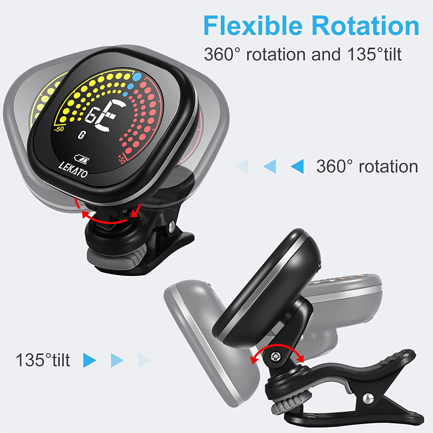 LEKATO Rechargeable Guitar Tuner Clip on Tuner for All Instruments - Guitar, Violin, Ukulele & Chromatic Tuning Modes, Fast & Accurate, Easy to Read Color Display, Professional and Beginner image number 4
