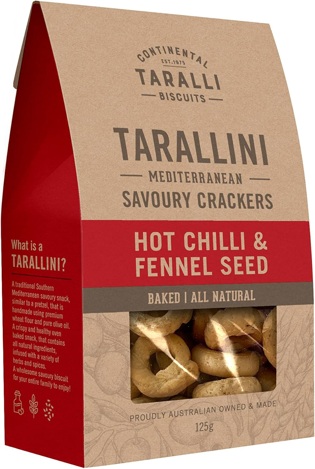 Continental Taralli Biscuits, Tarallini Hot Chilli and Fennel Seed Crackers, 125 G