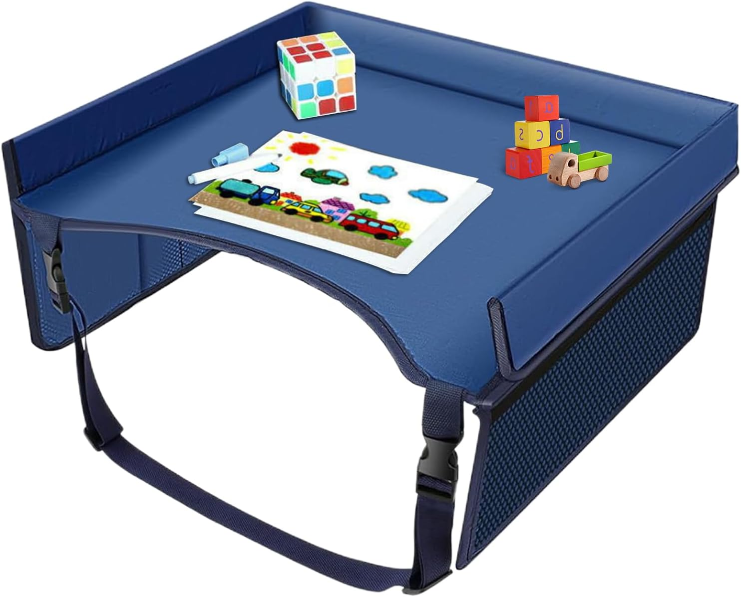 Car Seat Travel Tray | Long Trip Kids Travel Tray for Car Seat | Carseat Table with Pockets Adjustable Straps Foldable Lap Desk Organizer for Children Boys Girls