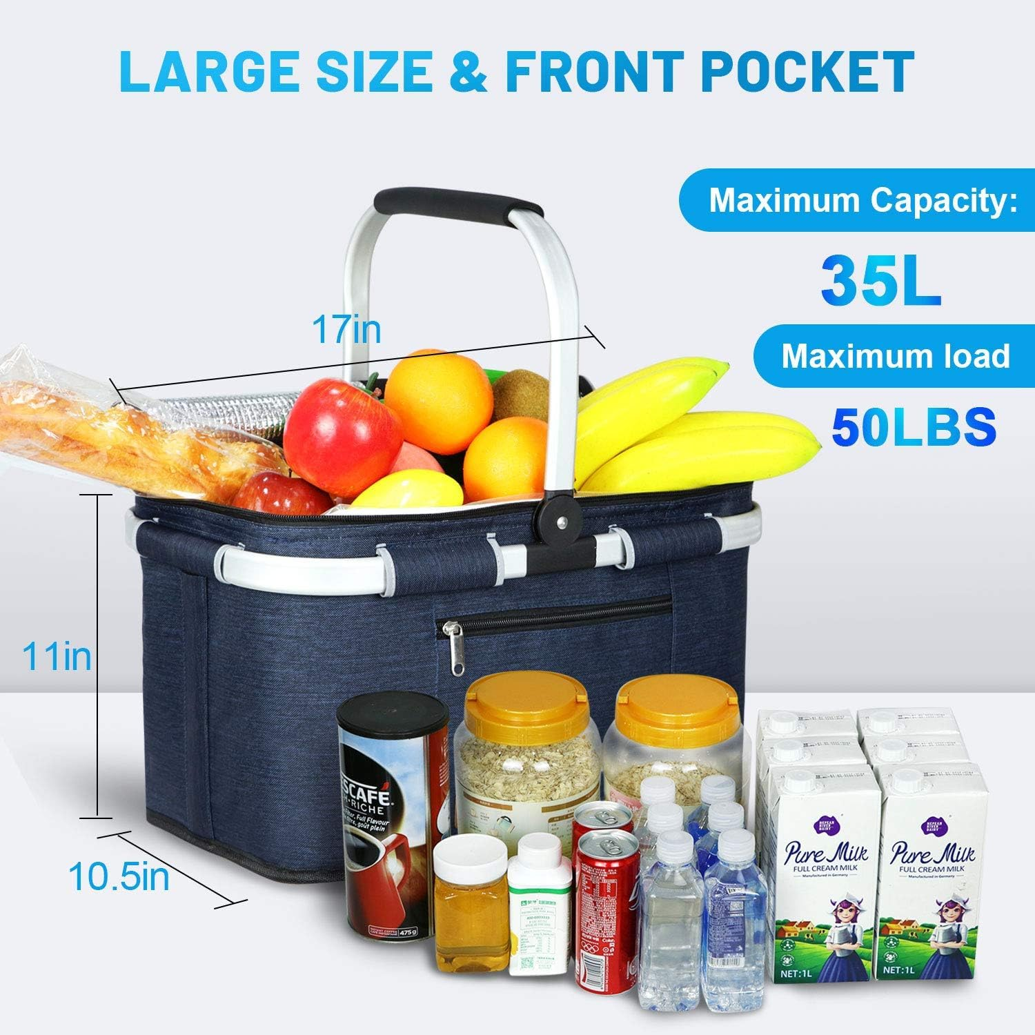 Insulated Picnic Basket - Foldable Cooler Bag with Aluminium Frame & Soft Grip Handle - Collapsible Grocery Basket, Market Tote, Lunch Bag for Family Picnics & Shopping image number 3