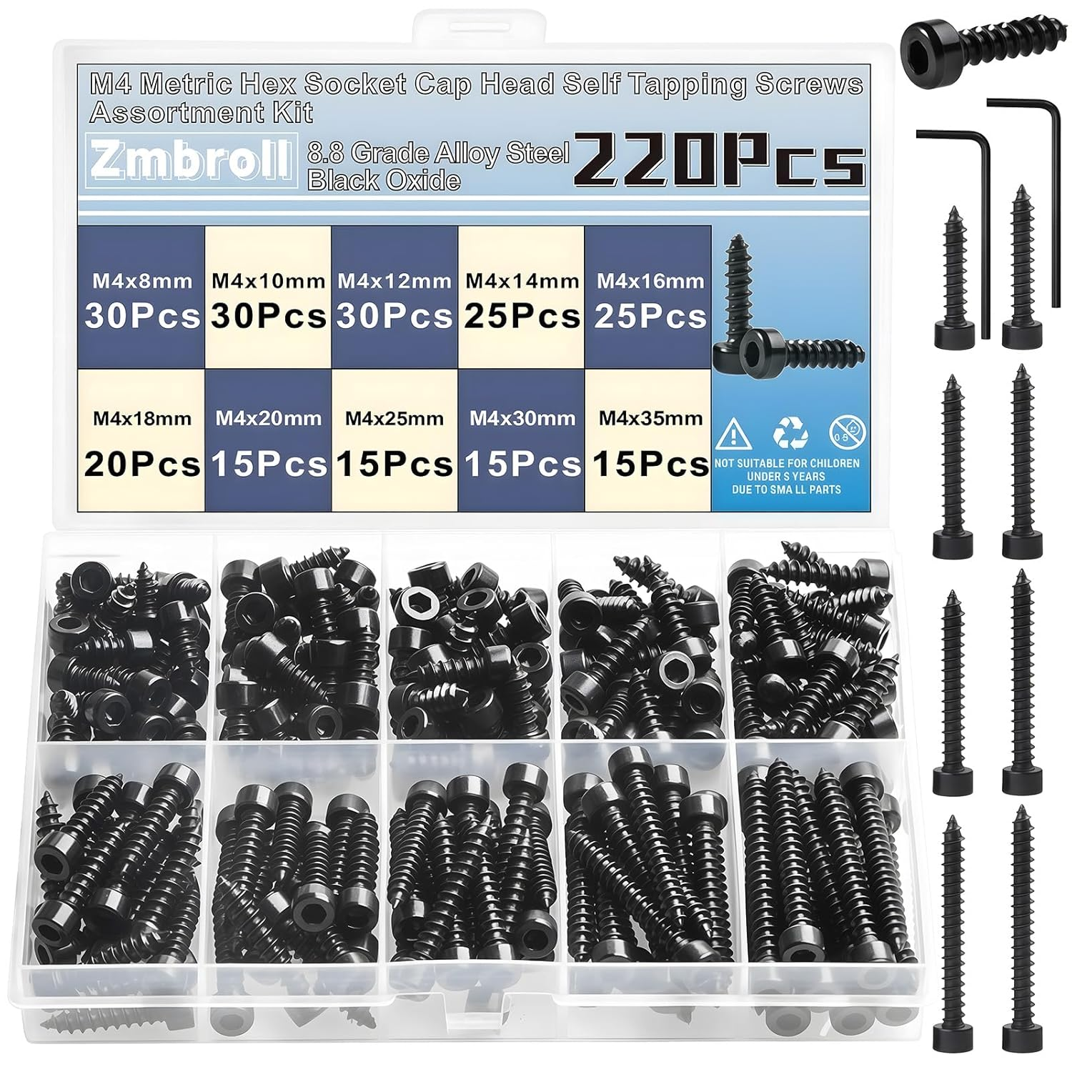 Zmbroll Hex Socket Head Cap Self Tapping Screws M4X8/10/12/14/16/18/20/25/30/35Mm Grade 8.8 Black Carbon Steel 220Pcs M4 Hex Socket Drive Allen Head Sheet Metal Wood Screw with Wrenches