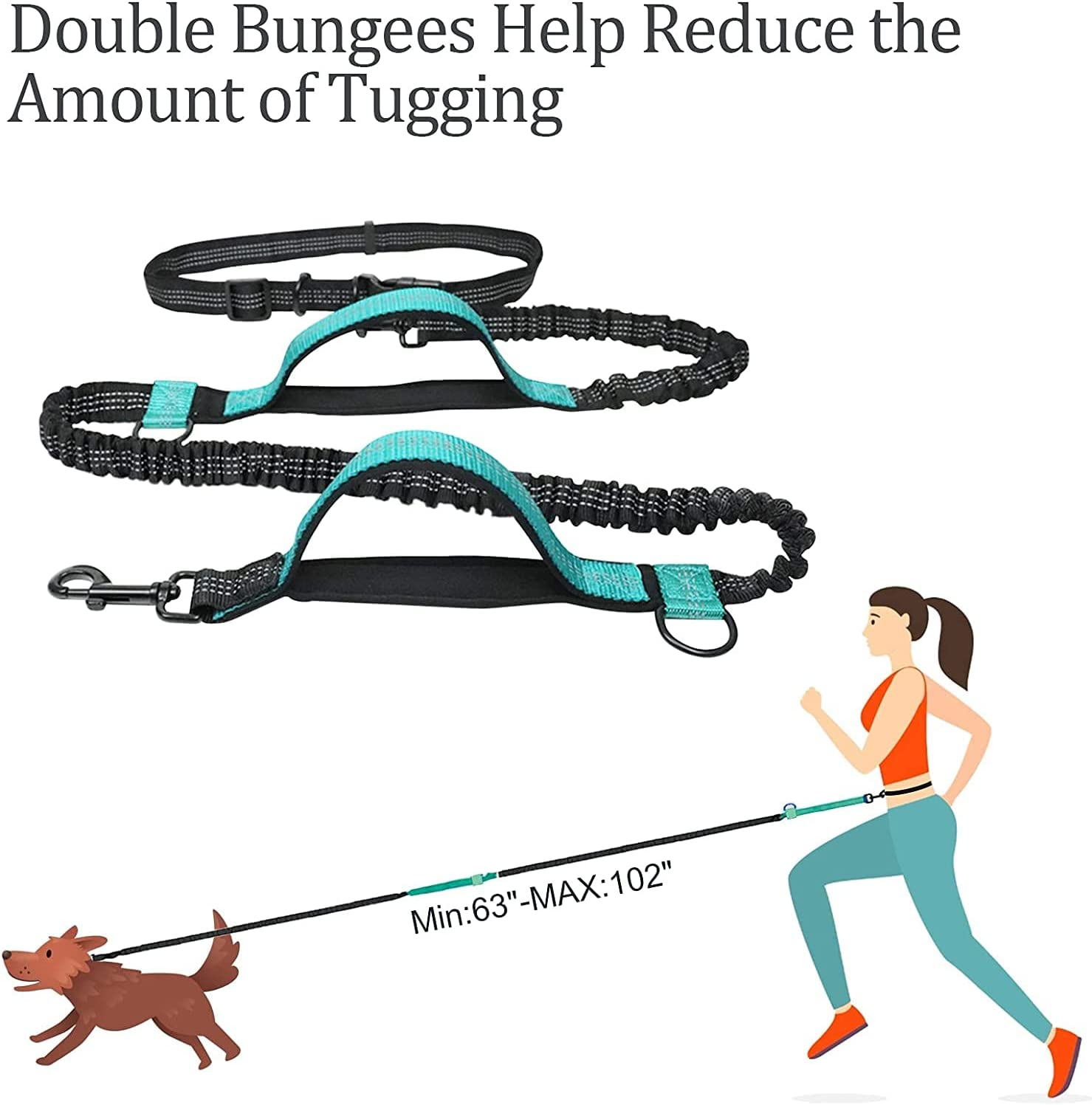 Hands Free Dog Leash, Waist Leash, Adjustable Heavy Duty Leash for Walking, Jogging, Small to Large Dogs, Retractable, Dual Handle and Shock Absorber image number 6