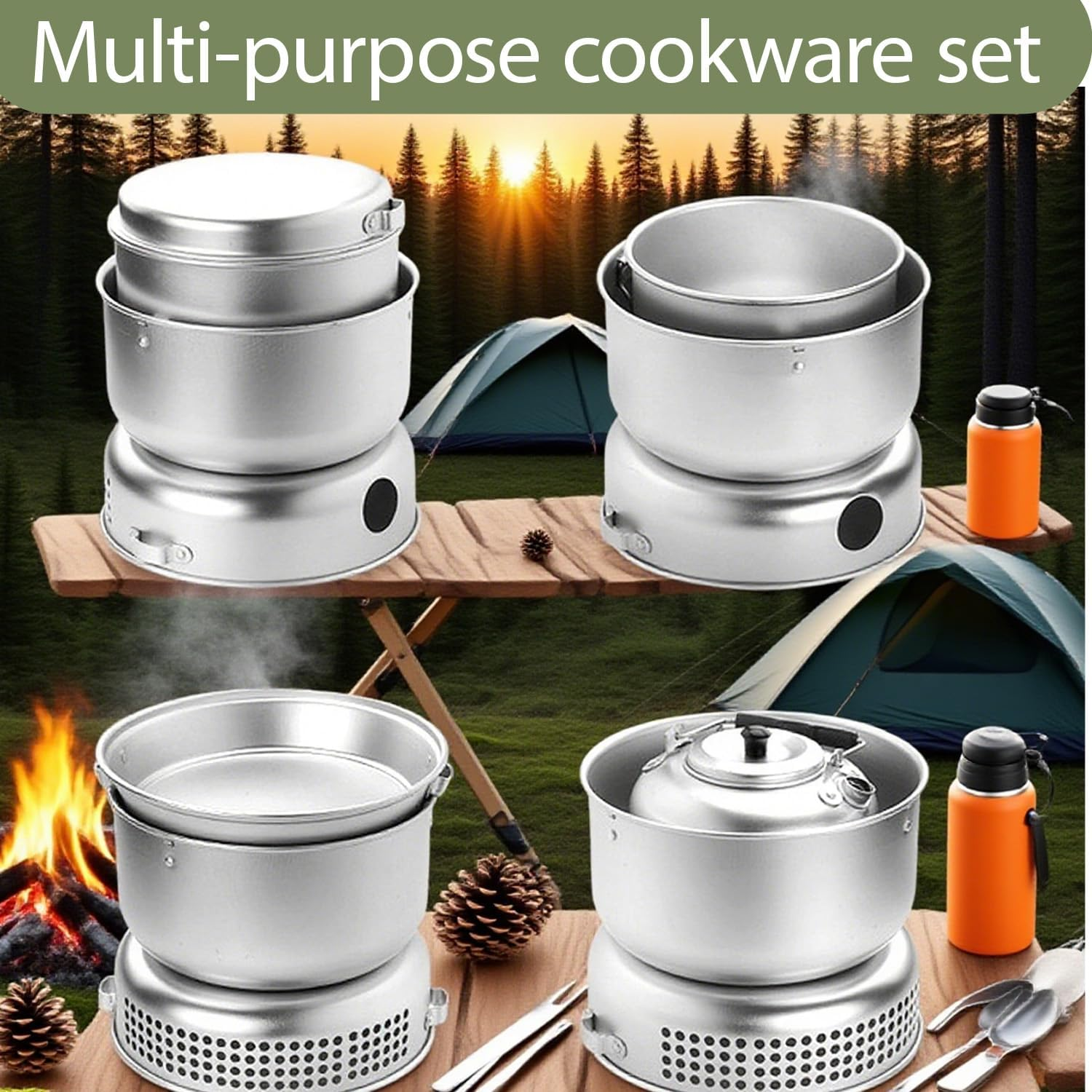 TARSHYRY 10 Piece Camping Cookware Set, Lightweight Pot, Pan, Mini Cooker for Backpacking, Outdoor Camping, Hiking and Picnic (Kettle, Pot, Frying Pan, Stove, image number 3