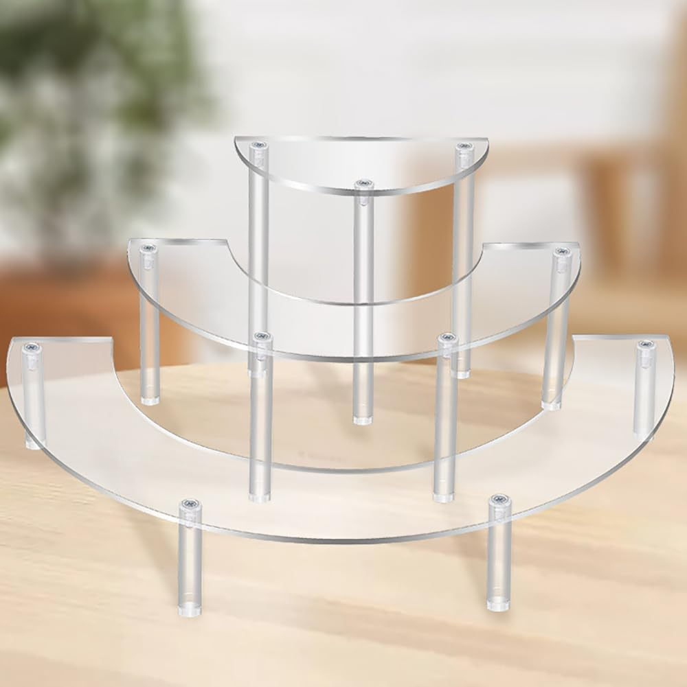 3-Tier Clear Acrylic Display Stand, Half Moon Riser Shelf for Pop Figures, Cupcakes, Cosmetics, Collections (Transparent, 3 Tier) image number 4