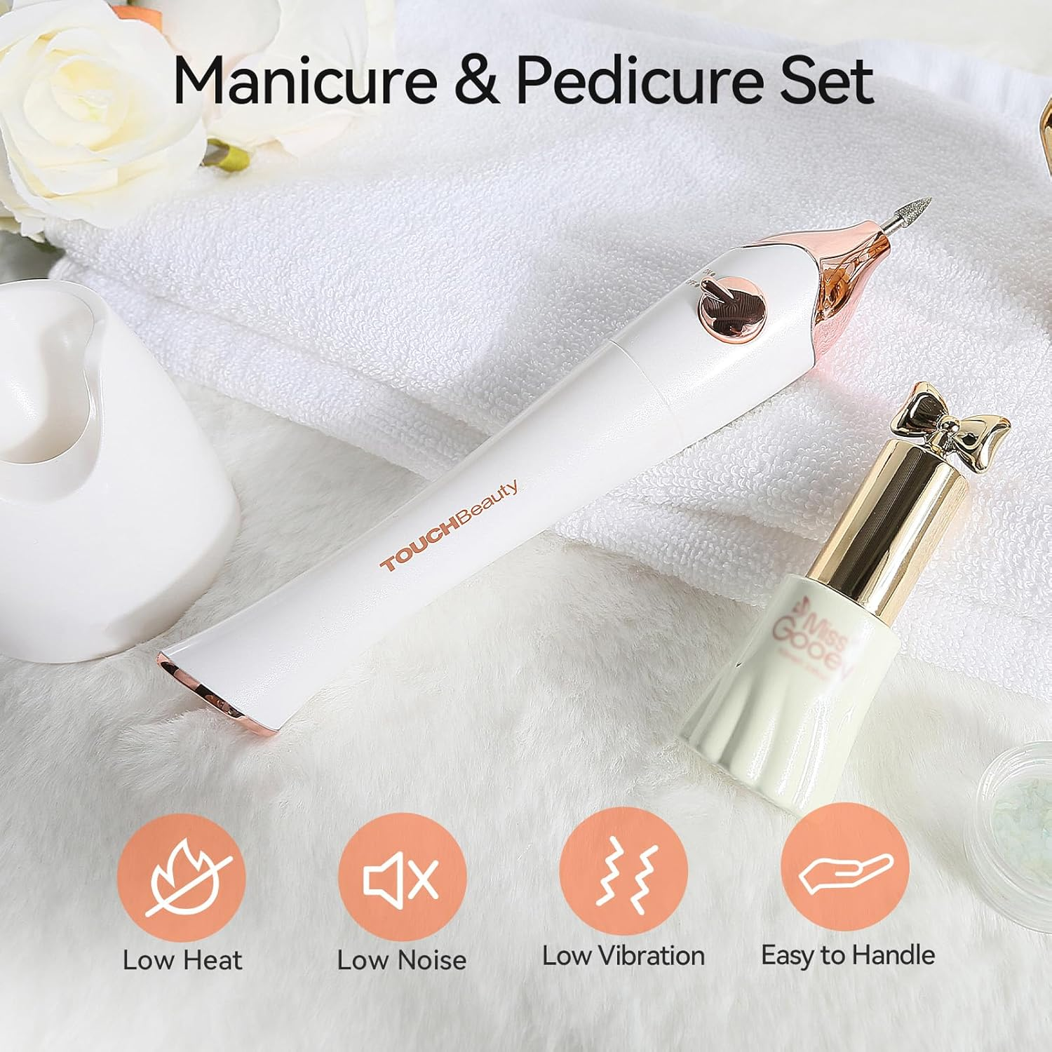 Touchbeauty Electric Nail Cutter, 5-In-1 Electric Nail File Wireless Manicure Pedicure Set with Holder and UV LED Nail Dryer for Home and Salon AG-1335C (Gold)