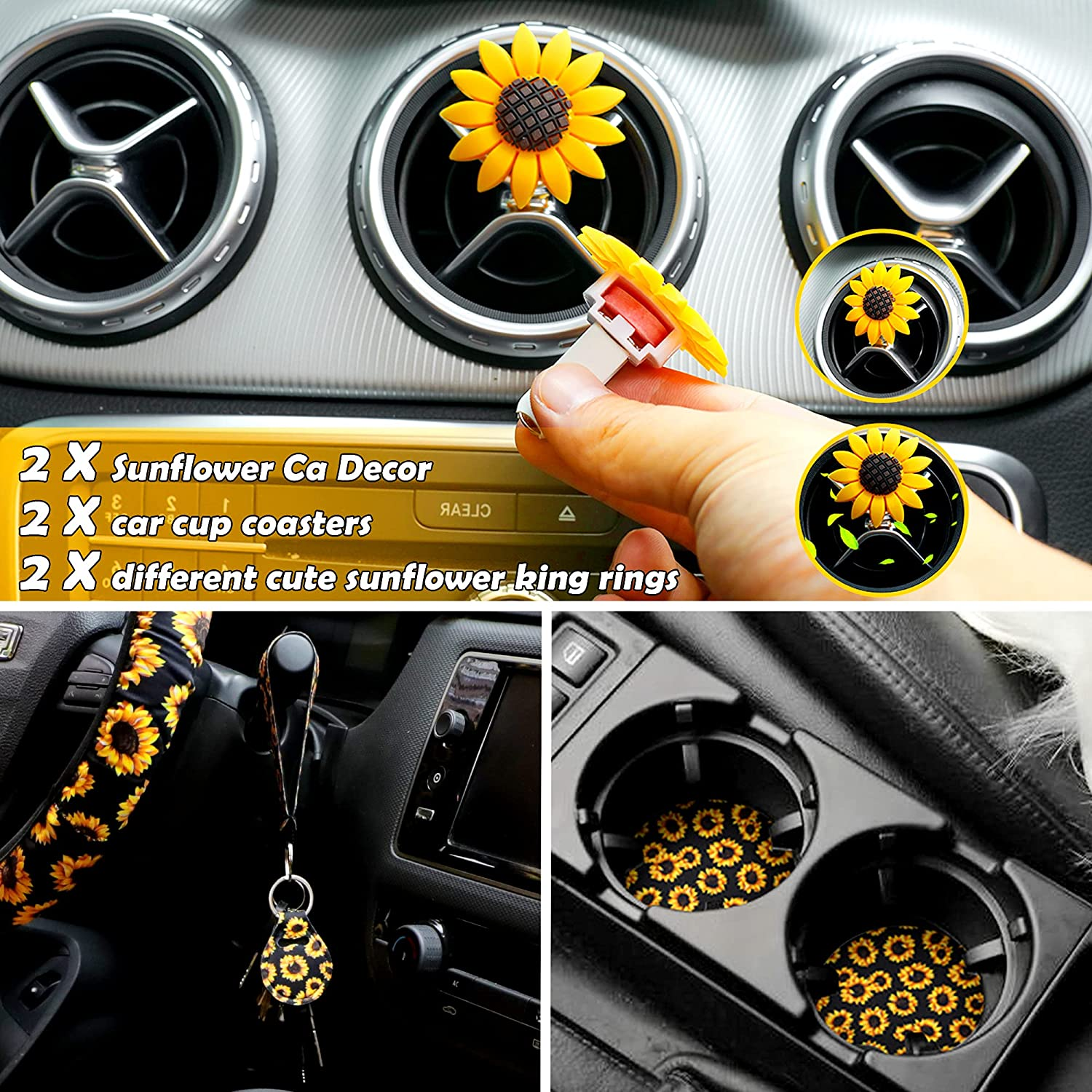 21PCS Sunflower Car Accessories Set, Sunflower Seat Covers, Sunflowers Car Mat, Sunflower Steering Wheel Cover, Universal Console Cover, Seat Belt Shoulder Pads, Keyring, Car Decor&Cup Coaster. image number 3