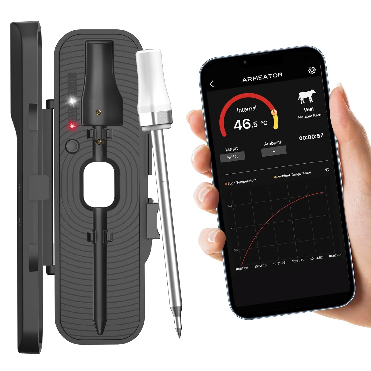 ARMEATOR Wireless Meat Thermometer, 70M Range Bluetooth Meat Thermometer for Grilling and Smoking, Smart Digital Meat Thermometer for the Oven Grill Kitchen BBQ Smoker Rotisserie image number 3