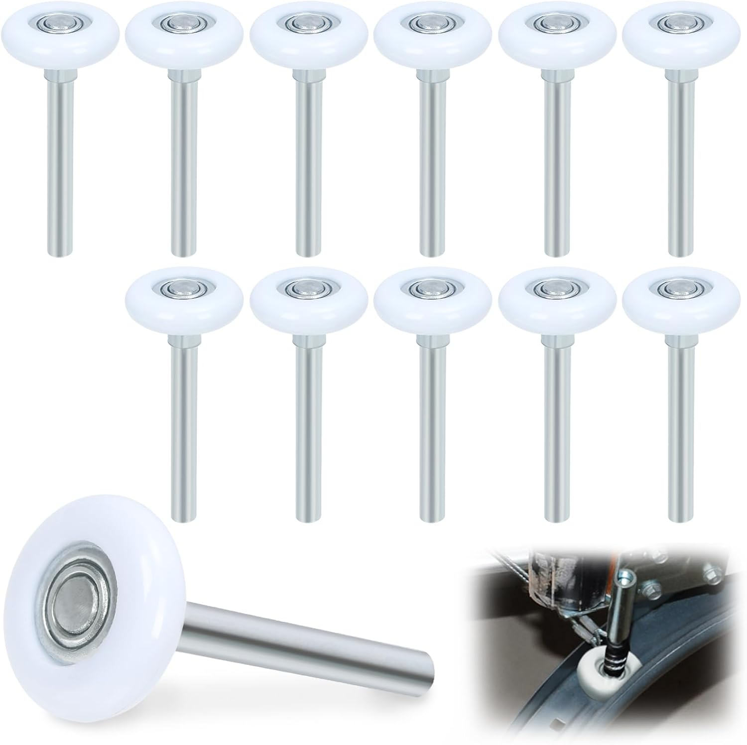 Swpeet 10Pcs Quiet Garage Door Rollers Nylon Door Wheels Replacement Garage Roller, Reinforced Dual Cage, White 1.8" 13 Ball Bearing 4" Stem, Durable and High Load, High Performance Bearing for Door image number 2