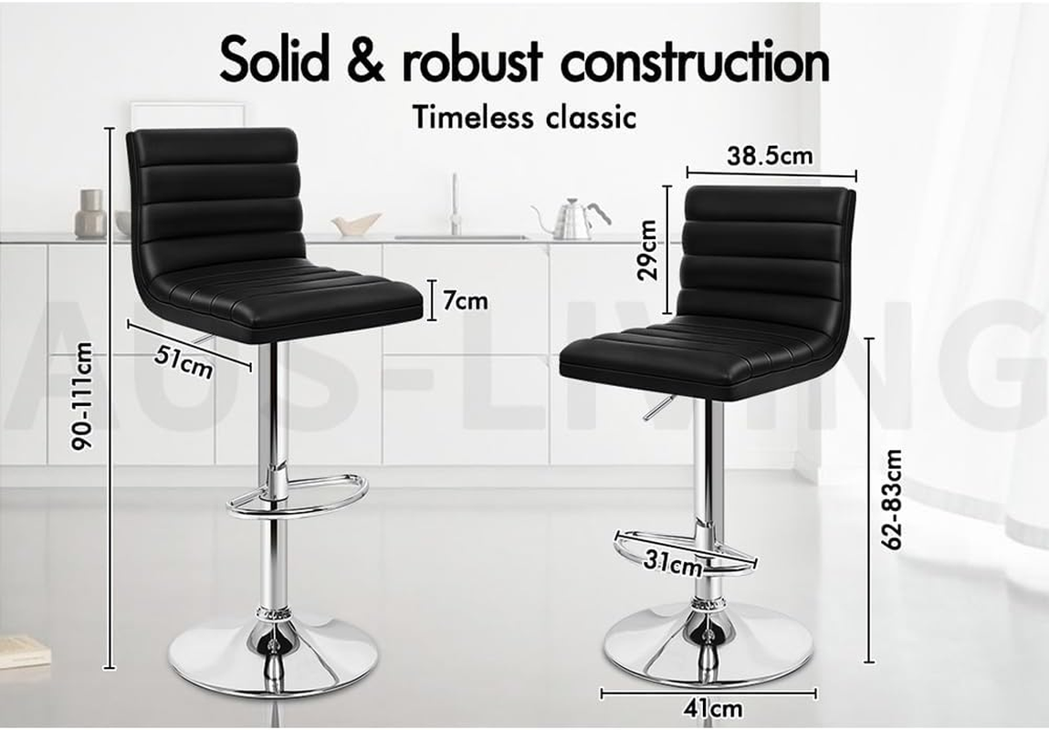 ALFORDSON 4Pcs PU Leather Bar Stool, Kitchen Barstools with Swivel Seat in 62-83Cm Adjustable Height Home Bar Counter Dining Chairs with Footrest & Floor Protector, Black - 2 X Ruel All Black image number 7