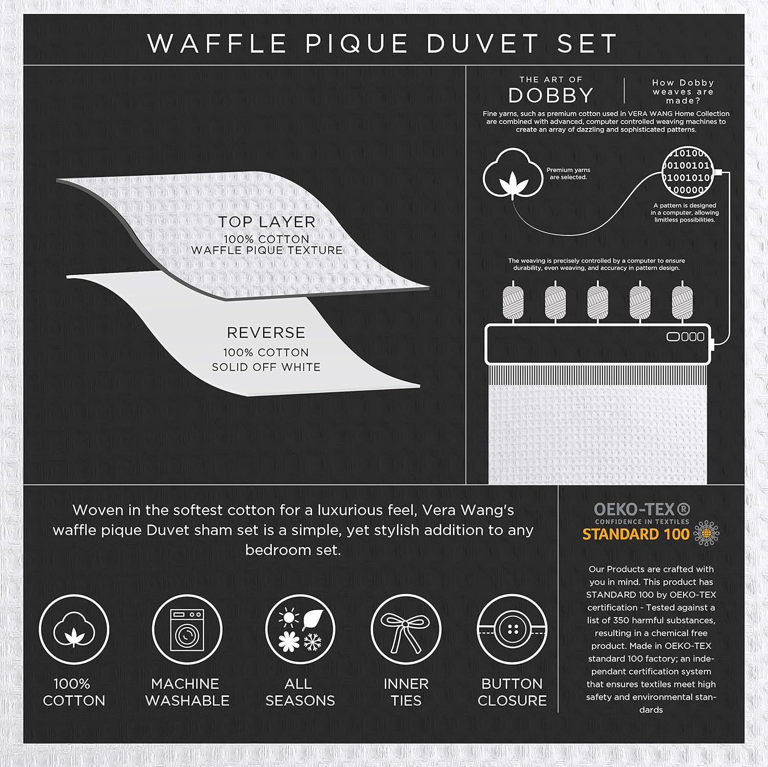 Vera Wang - King Duvet Cover Set, Luxury Cotton Bedding with Button Closure, Includes Matching Shams (Waffle Pique Pewter Grey, King) image number 2