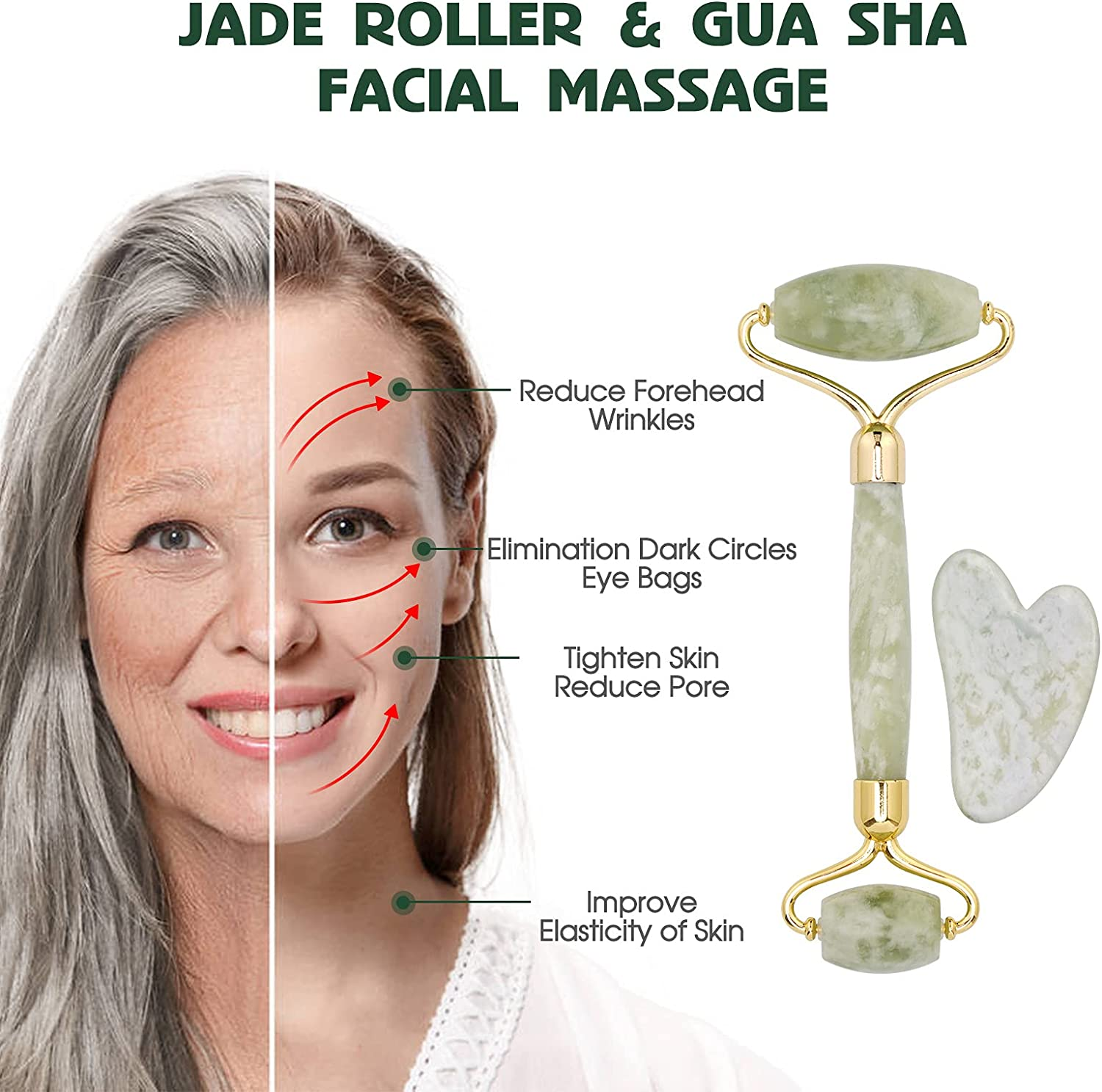 Gua Sha Stone & Jade Roller Gift Set, Anti-Aging Natural Facial Roller Jade Gua Sha Set, Beauty Face Roller for Rejuvenate Skin & Remove Wrinkles (Light Green Set) image number 5