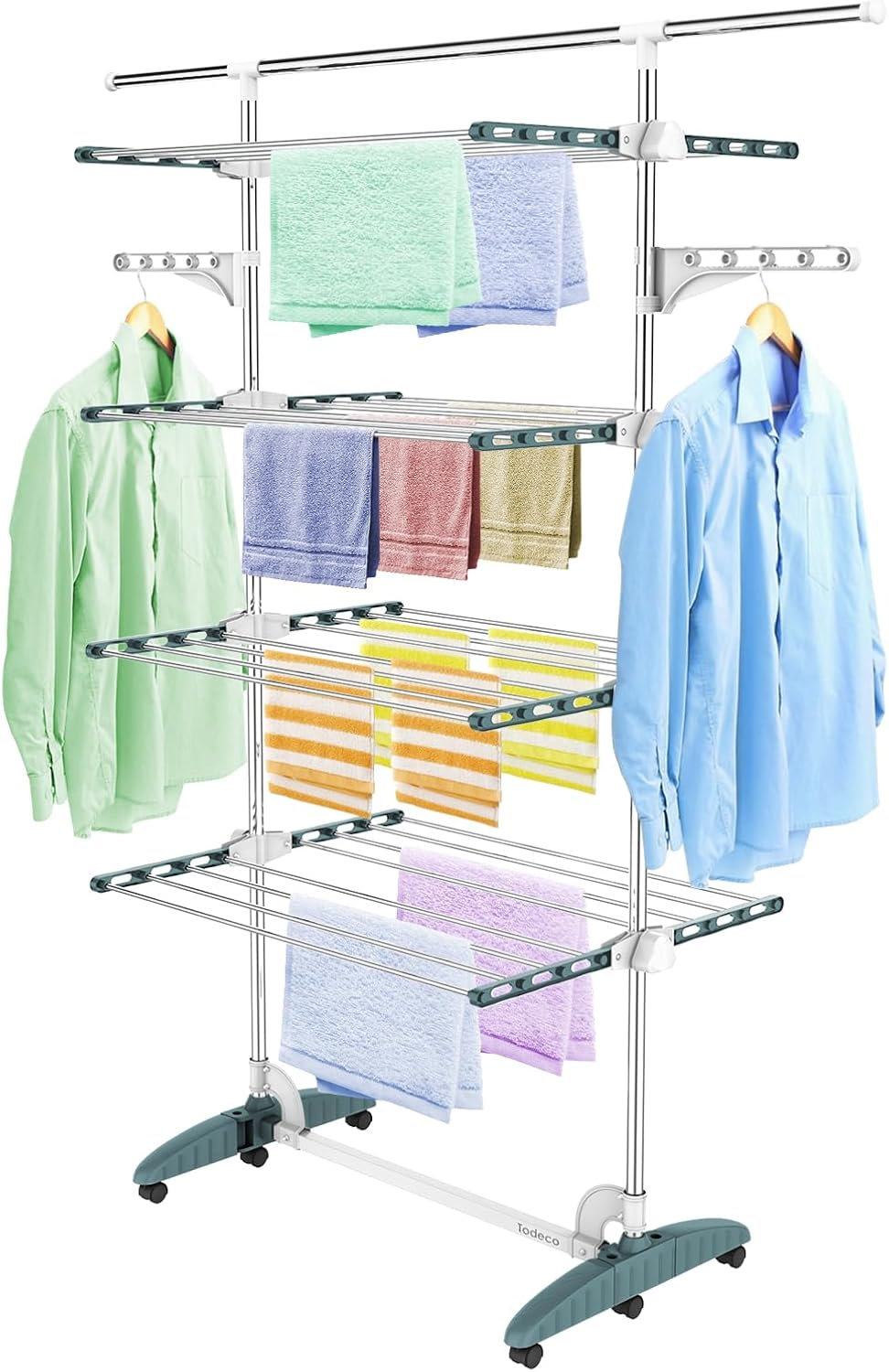 Todeco Clothes Drying Rack,4 Tier Foldable Laundry Drying Rack with Extended Top Bar,High Load Capacity Stainless Steel Space-Saving Clothes Airer with 2 Extra Adjustable Dry Rail Hanger,W/6 Casters